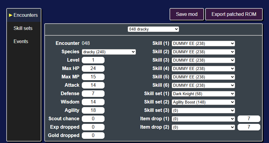 Encounters tab showing one of the starter monsters